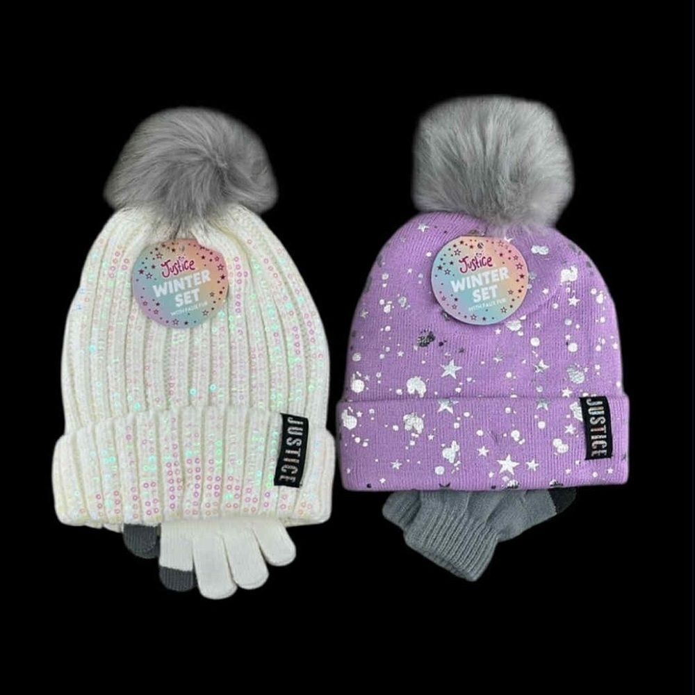 Girls Justice Ribbed & Full Print Winter Cozy Beanie and Gloves 2, 2-Piece Sets